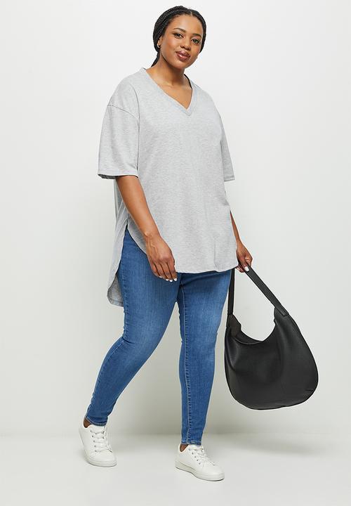 edit Plus - V-neck stripped hem tee - grey 