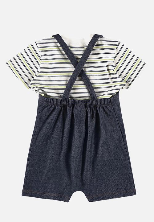 Quimby - Denim sweat overalls and tee - white stripes