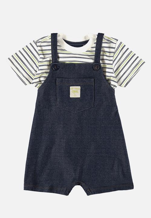 Quimby - Denim sweat overalls and tee - white stripes