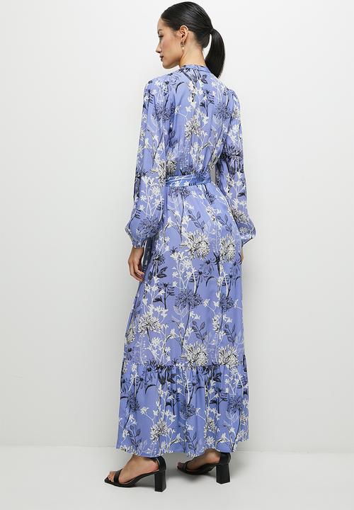edit - Button down mandarin collar tier maxi - blue floral