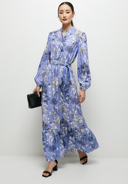 edit - Button down mandarin collar tier maxi - blue floral