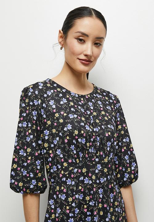 edit - Balloon sleeve curved waist midi dress - black micro flowers