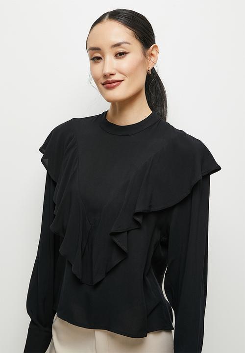 edit - Highneck ruffle detail blouse - black