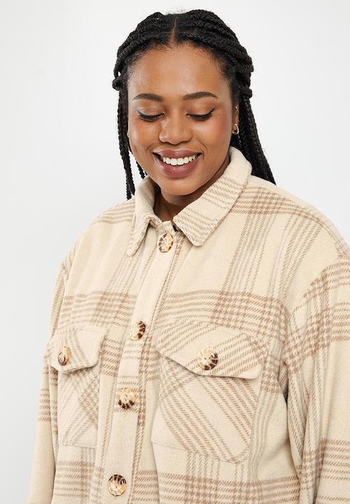 Me&B - Plus brushed check shacket - stone 