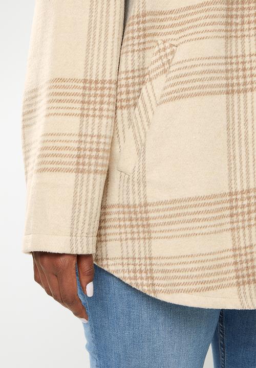 Me&B - Plus brushed check shacket - stone 
