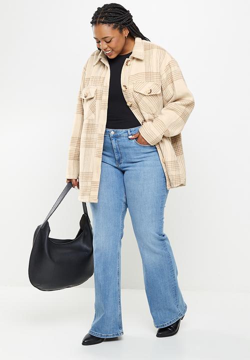Me&B - Plus brushed check shacket - stone 