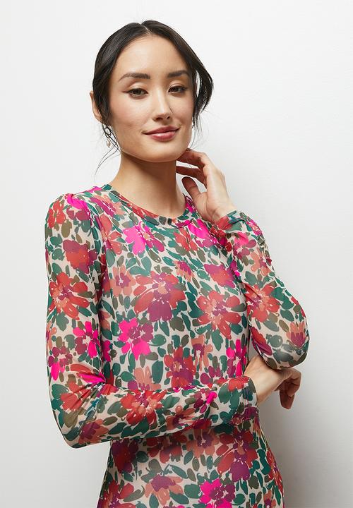 MILLA - Tiered mesh maxi dress - handpainted autumn flower