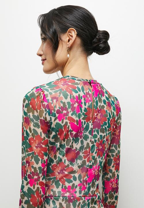 MILLA - Tiered mesh maxi dress - handpainted autumn flower