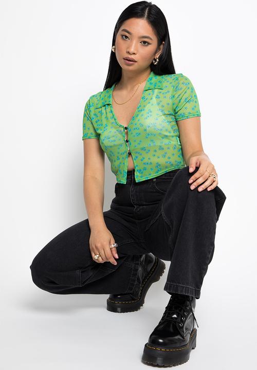 Daisy Street - Mesh crop shirt - green & blue floral print