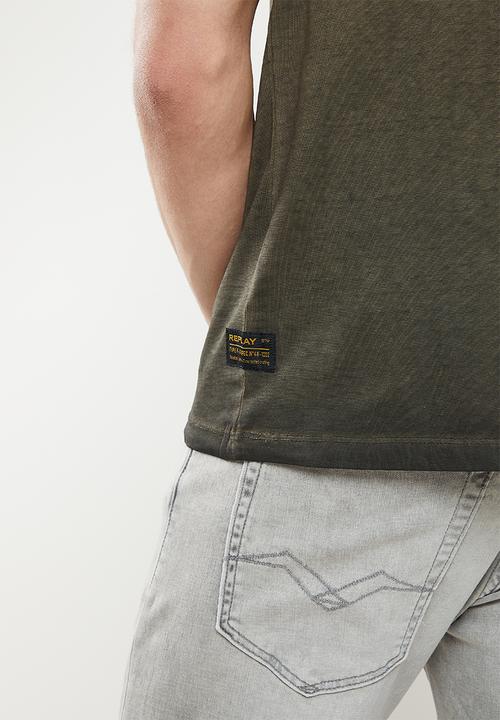 Replay - Pigment washed label tee - olive