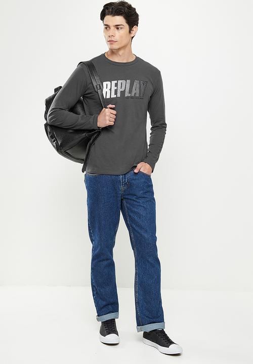 Replay - Replay long sleeve logo printed tee - charcoal