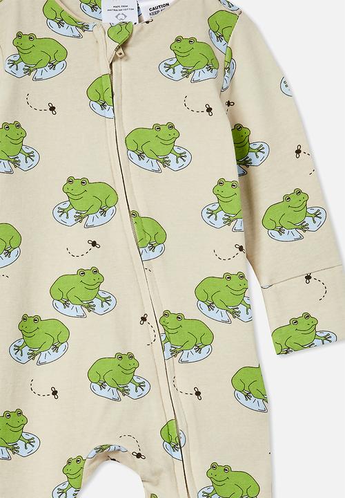 Cotton On - The long sleeve zip romper - rainy day/frog in the pond