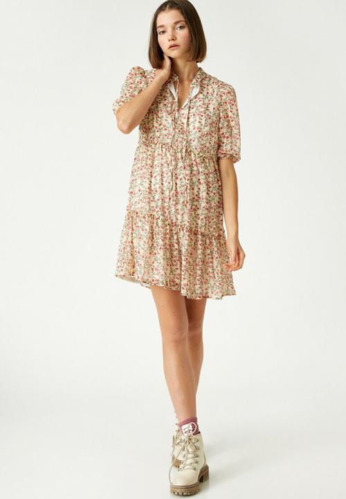 Koton - Floral short sleeve mini dress - ecru