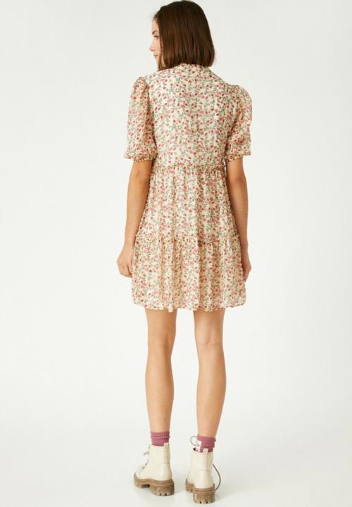 Koton - Floral short sleeve mini dress - ecru