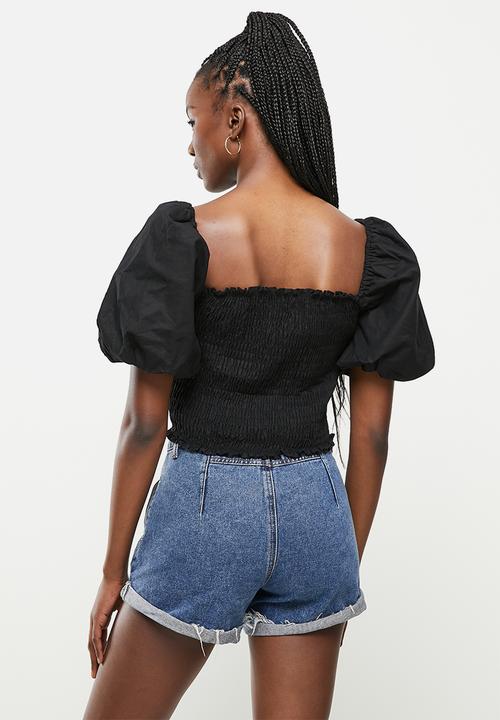 Glamorous - Shirred bodice puff sleeve blouse co-ord - black