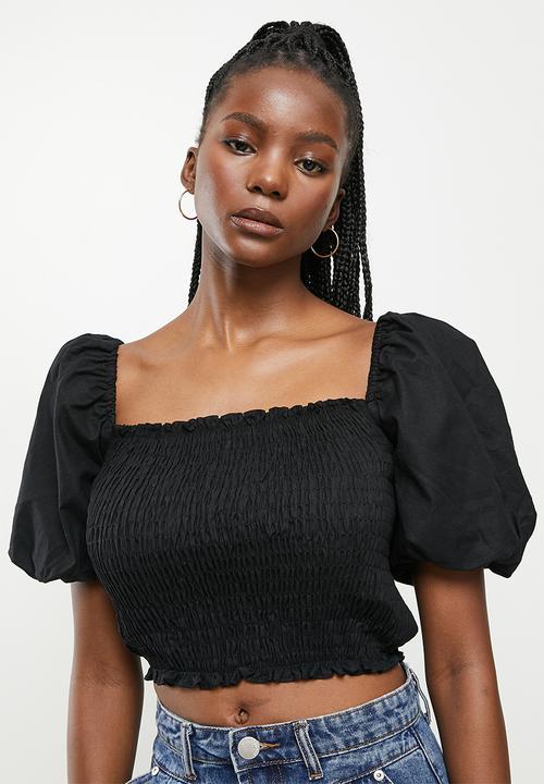 Glamorous - Shirred bodice puff sleeve blouse co-ord - black