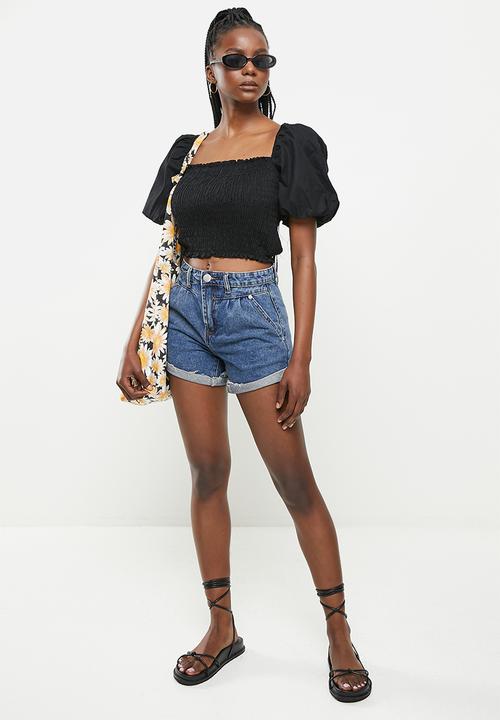 Glamorous - Shirred bodice puff sleeve blouse co-ord - black