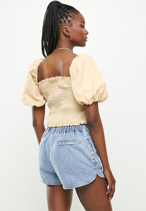Glamorous - Shirred bodice puff sleeve blouse co-ord - stone
