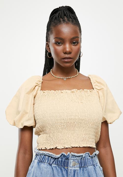 Glamorous - Shirred bodice puff sleeve blouse co-ord - stone