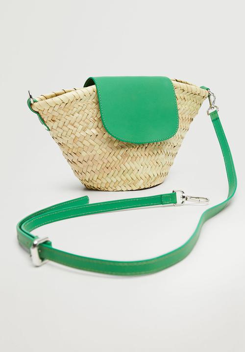 MANGO - Leather flap raffia bag - green