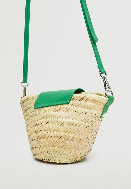 MANGO - Leather flap raffia bag - green