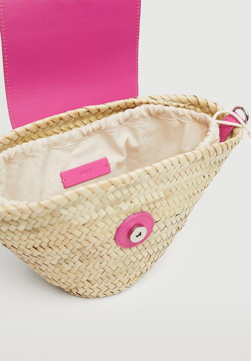 MANGO - Leather flap raffia bag - fushia