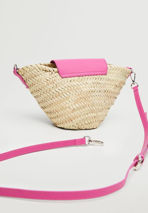 MANGO - Leather flap raffia bag - fushia