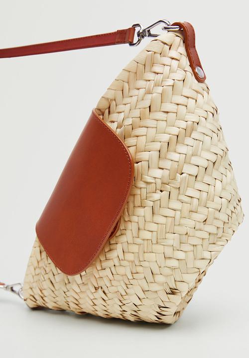 MANGO - Leather flap raffia bag - brown 
