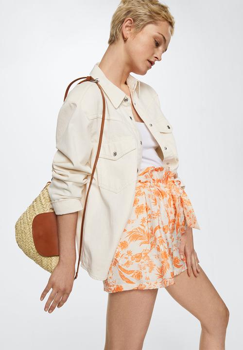 MANGO - Leather flap raffia bag - brown 