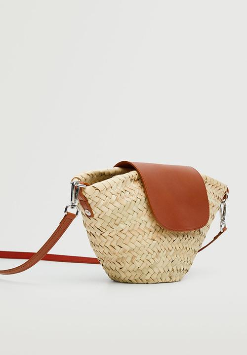 MANGO - Leather flap raffia bag - brown 