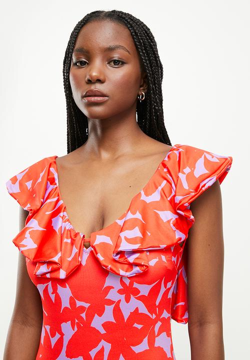 Trendyol - Colorful floral print swimsuit - orange & white 