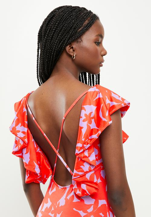Trendyol - Colorful floral print swimsuit - orange & white 
