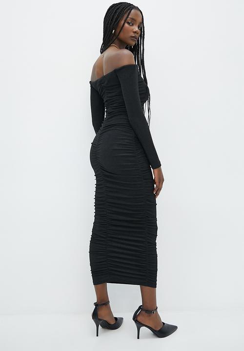 VELVET - Metallic knit bardot ruching dress - black