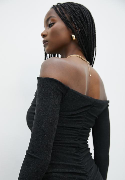 VELVET - Metallic knit bardot ruching dress - black