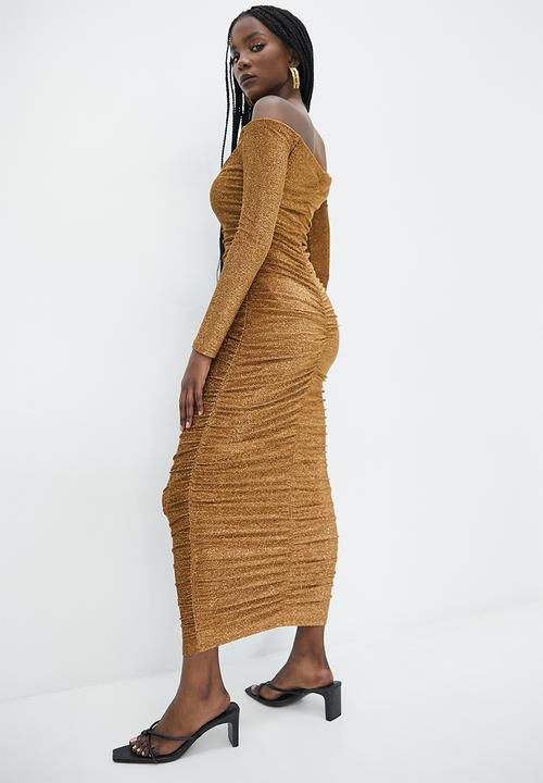 VELVET - Metallic knit bardot ruching dress - bronze
