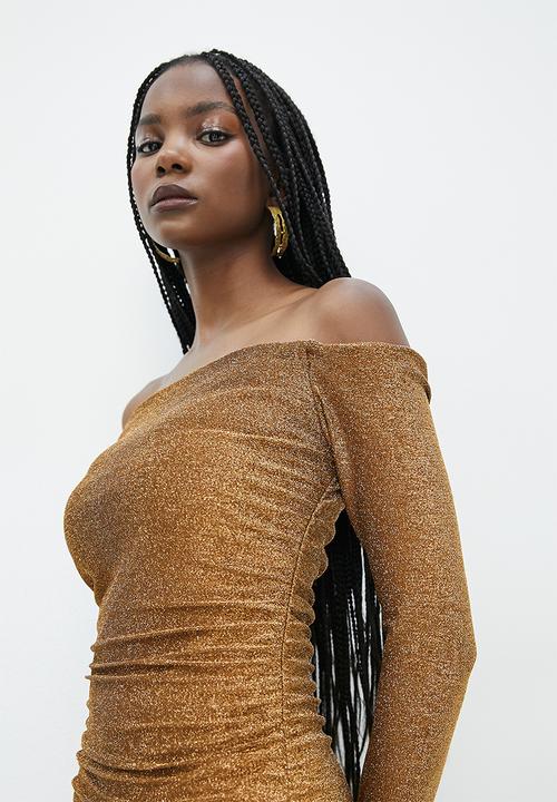 VELVET - Metallic knit bardot ruching dress - bronze
