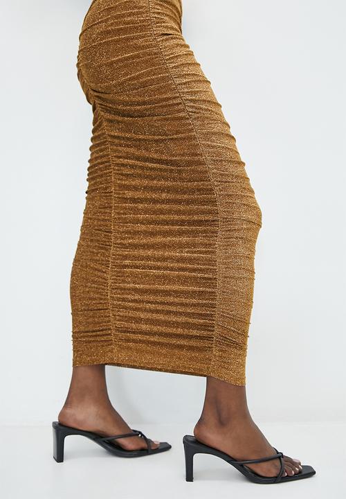 VELVET - Metallic knit bardot ruching dress - bronze