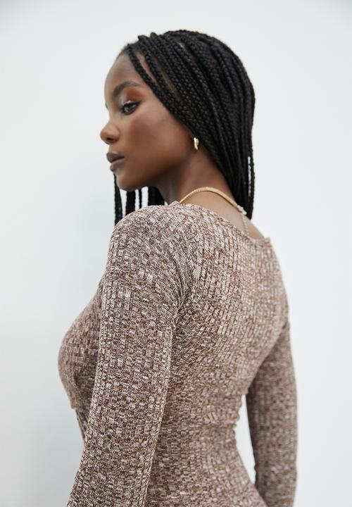 VELVET - Rib cross over front midi bodycon dress - choc melange