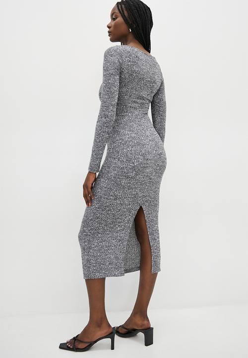 VELVET - Rib cross over front midi bodycon dress - black melange