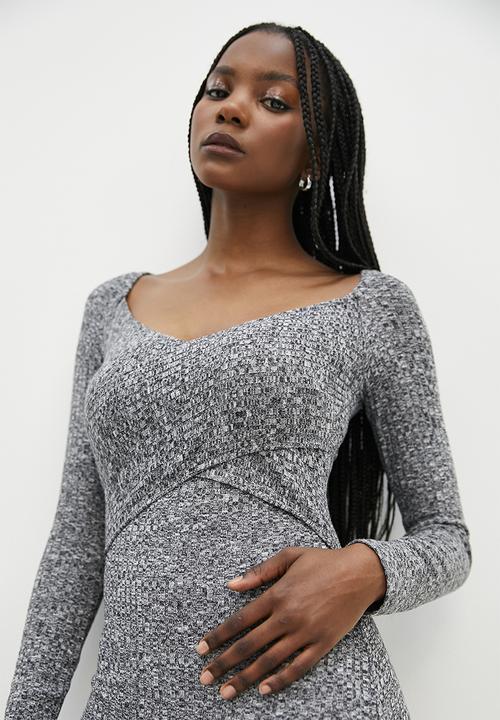 VELVET - Rib cross over front midi bodycon dress - black melange