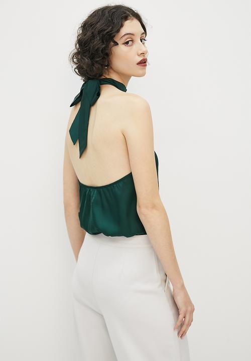 VELVET - Halter knit woven combo bodysuit - emerald