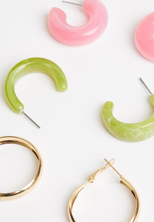 Superbalist - 3 Pack hoop resin earrings - green & pink