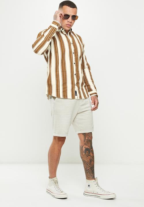 Only & Sons - Onsbryce long sleeve reg stripe twill shirt - white & brown