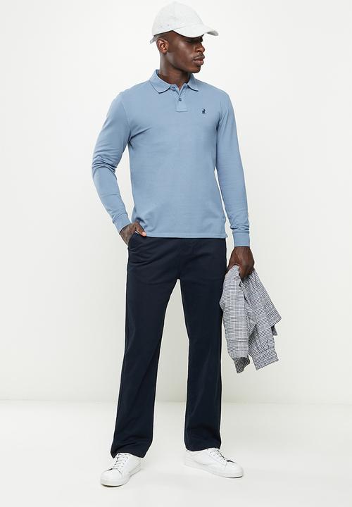 POLO - Mns plain pique long sleeve golfer - blue
