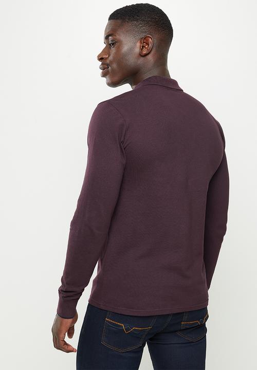 POLO - Mns stripe pique long sleeve golfer - burgundy