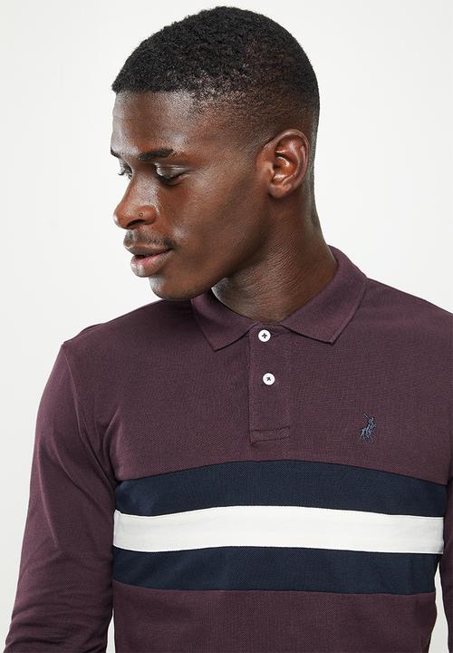 POLO - Mns stripe pique long sleeve golfer - burgundy