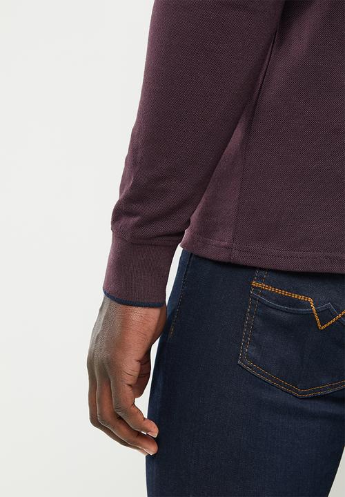 POLO - Mns stripe pique long sleeve golfer - burgundy