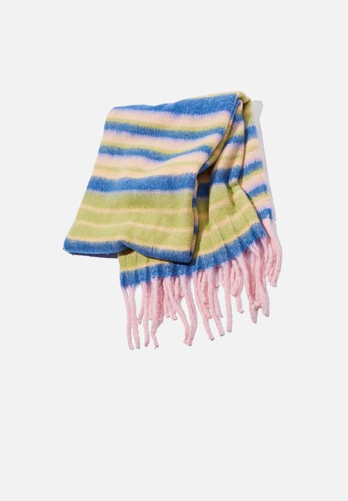 Rubi - Monica oversized brushed tassel scarf - splice stripe camper green