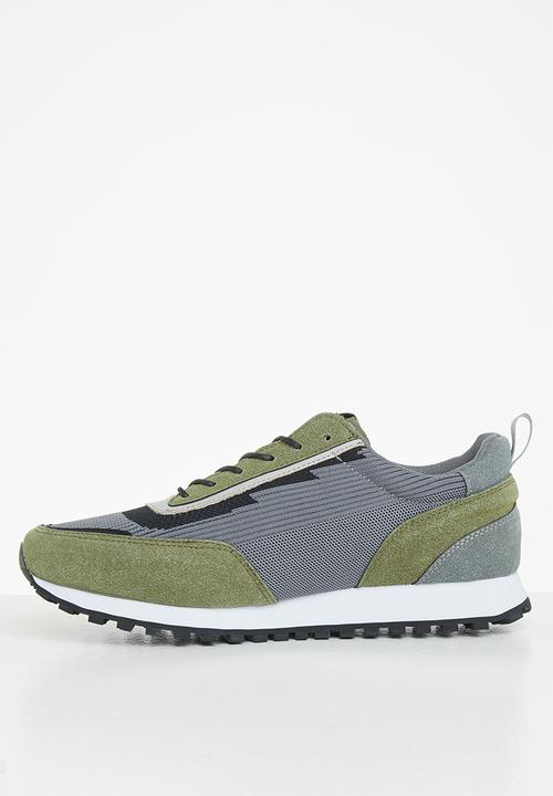 POLO - Faux suede knit trainer - olive & grey 