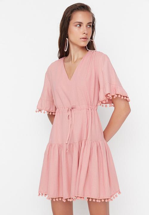 Trendyol - Pom pom trim tie waist dress - pink